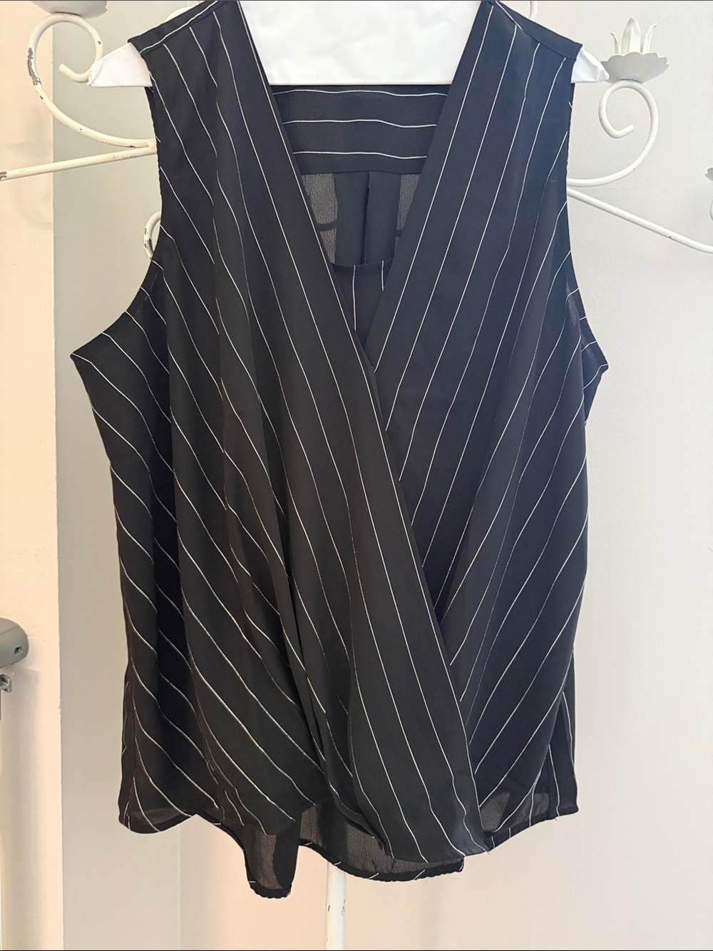 Sleeveless Black Pinstripe Wrap-Front Top